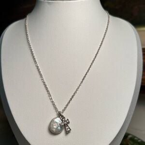 Brighton MARGARITA CROSS Silver Crystal Pearl Disc Pendants Necklace, NWOT